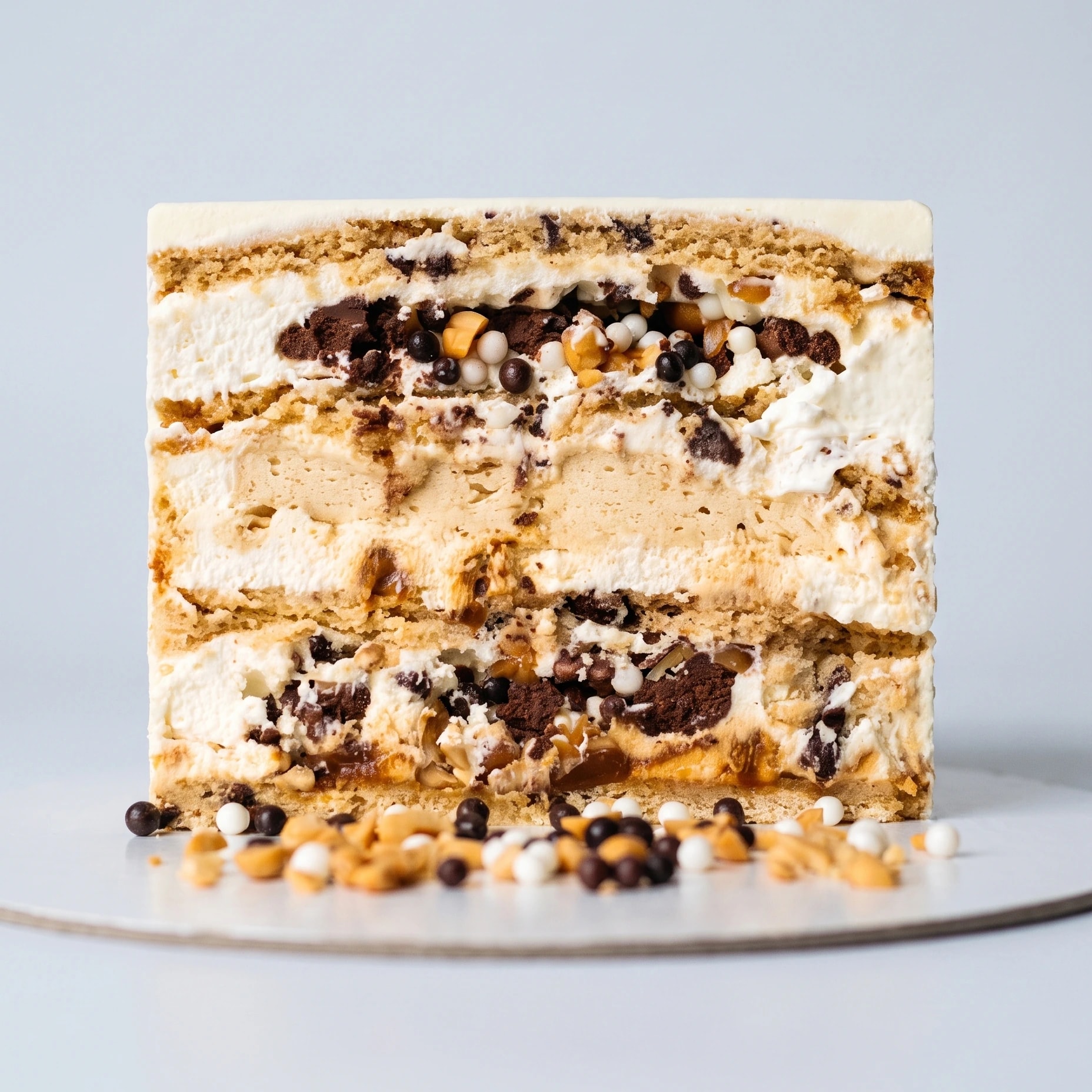 Corte del pastel Captain Cookies: capas de galleta, crema, caramelo y frutos secos